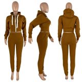 Women Fall/Winter Solid Fleece Hoodies and Pant Two-Piece Set