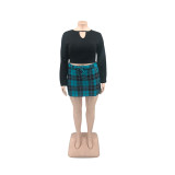 Plus Size Women Top and Plaid Culottes Two-Piece Set