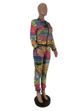Women Casual Vintage Print Jacket and Pant Two-Piece Set