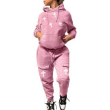 Women Casual Sports Print Hoodies and Pant Two-Piece Set