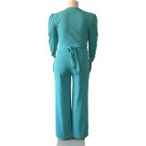 Conjunto de dos piezas de top y pantalón de manga larga con pajarita sólida para mujer de talla grande