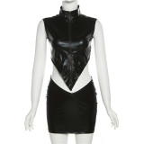 Women Sexy Pu-Leather Top and Bodycon Mini Skirt Two-Piece Set