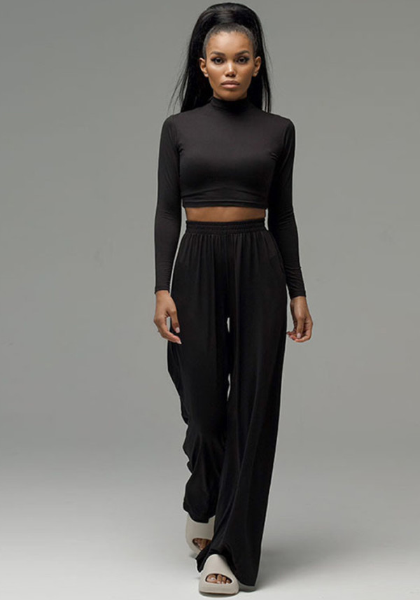 Kadın Uzun Kollu Crop Top ve Yüksek Bel Pantolon İki Parçalı Set