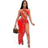 Women Sexy Lace-Up Halter Neck Backless Print Two-Piece Set