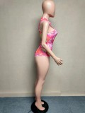 Frauen Sexy Mesh Print Kurzarm Bodysuit und Shorts zweiteiliges Set