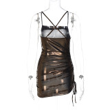 Frauen Frühling Sexy Seite Kordelzug Falte Rückenfreies Trägerkleid