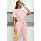 Women Solid Short Sleeve Top and Pant Two-Piece Set