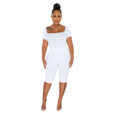 Women Square Neck Short Sleeve Top and Shorts Two-Piece Set