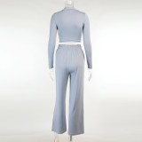 Women Long Sleeve Crop Top and High Waist Pant Two-Piece Set
