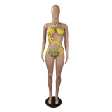 Conjunto de dos piezas con estampado sin espalda y cuello halter con cordones sexy para mujer