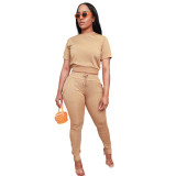 Women Solid Short Sleeve Top and Pant Two-Piece Set