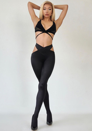 Top de malla hueca sexy para mujer y pantalones de cintura alta Conjunto deportivo de dos piezas