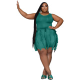 Plus Size Women Tassel Top and Short Sleeveless Two-Piece Set