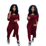 Women Clothing Casual Solid Irregular Slit Top and Jumpsuit Two-Piece Set