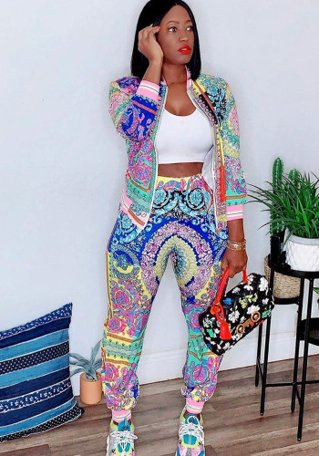 Women Casual Vintage Print Jacket and Pant Two-Piece Set