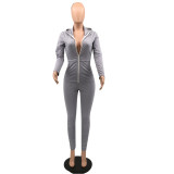 WomenCasual Solid Zipper Long Sleeve Hood Jumpsuit