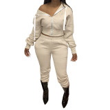 Kadın Sonbahar/Kış Katı Polar Hoodies ve Pantolon İki Parçalı Set