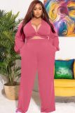 Plus Size Women Solid Bow Tie Long Sleeve Top And Pant Two-Piece Set
