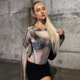 Body sexy transparente con estampado vintage de manga larga y cuello redondo para mujer