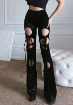 Damen-Hosen mit hoher Taille, schmaler Passform und Ausschnitt aus Samt mit geradem Bein