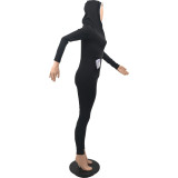 WomenCasual Solid Zipper Long Sleeve Hood Jumpsuit