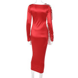 Women Sexy Side Cutout Tether Round Neck Long Sleeve Dress