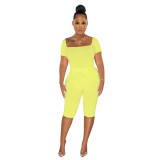 Women Square Neck Short Sleeve Top and Shorts Two-Piece Set