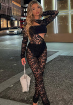 Women Sexy lace Three-Piece Long Sleeve See-Through Jacquard Jumpsuit