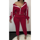 Women Fall/Winter Solid Fleece Hoodies and Pant Two-Piece Set