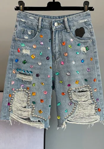 Women Diamond Beaded High Waist Ripped Denim Shorts