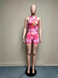 Frauen Sexy Mesh Print Kurzarm Bodysuit und Shorts zweiteiliges Set