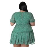 Vestido verde con lazo casual de manga corta de primavera y verano para mujer de talla grande
