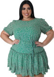 Plus Size Damen Frühling Sommer Kurzarm Casual Tie Green Dress