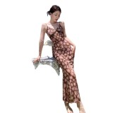 Floral Strap Damen Frühling Sommer eng anliegendes französisches Retro sexy Meerjungfrauenkleid