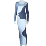 Damen Herbst und Winter Unregelmäßiges Digitaldruck Langarm Bodycon Chic Kleid