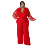 Sexy Deep V Solid Color Plus Size Durchsichtiger Langarm-Frauen-Overall