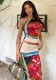 Women's Spring Slash Shoulder One Sleeve Vintage Print T-Shirt Short Skirt Two-Piece Set