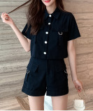 Two-piece summer Cargo style short-sleeved jacket wide-leg shorts women's suit