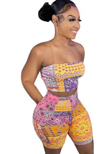 Sexy Wrapped Chest Printed Cropped Pants Suit Women's Nightclub Wear