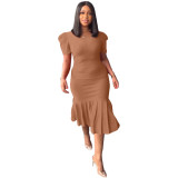 women's spring and summer short-sleeved round neck wrap hip skirt pleated mid-length dress