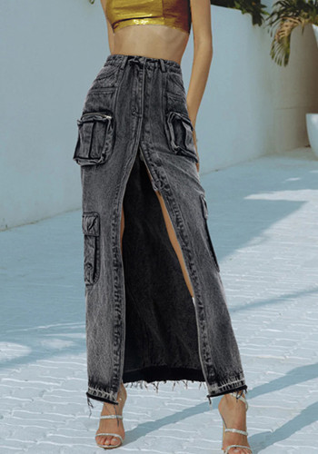 Estilo de rua moderno, primavera, cintura alta, design de fenda frontal reta, jeans, saia feminina de cor sólida