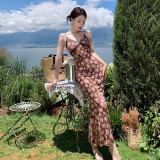 Vestido de sirena sexy retro francés ajustado con tirantes florales para mujer primavera verano