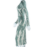 Otoño Invierno Moda Estampado Sexy Cuello Redondo Manga Larga Bodycon Maxi Vestido para Mujer