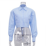 women's short cropped navel shirt shoulder pads tie top fashion long-sleeved solid color shirt