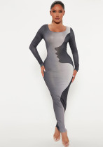 Vestido ajustado elegante de manga larga con estampado digital irregular de otoño e invierno para mujer