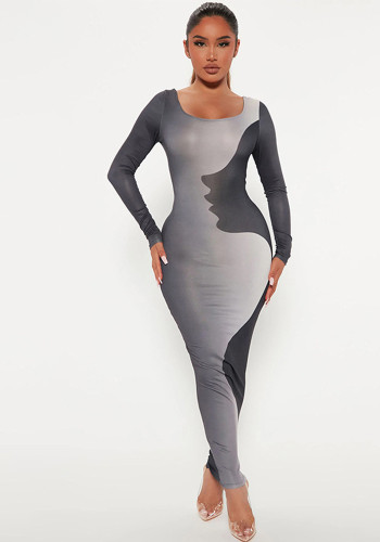 Kadın Sonbahar ve Kış Düzensiz Dijital Baskı Uzun Kollu Bodycon Şık Elbise