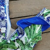 Einteiliger Badeanzug Damen Träger Rüschen Mesh Patchwork Print Sexy Bikini
