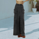 Trendy high street style spring high waist long straight front slit design Denim solid color women's skirt