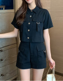 Two-piece summer Cargo style short-sleeved jacket wide-leg shorts women's suit