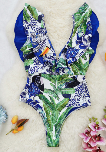 Costume da bagno intero Donna Cinghie Ruffle Mesh Stampa patchwork Bikini sexy